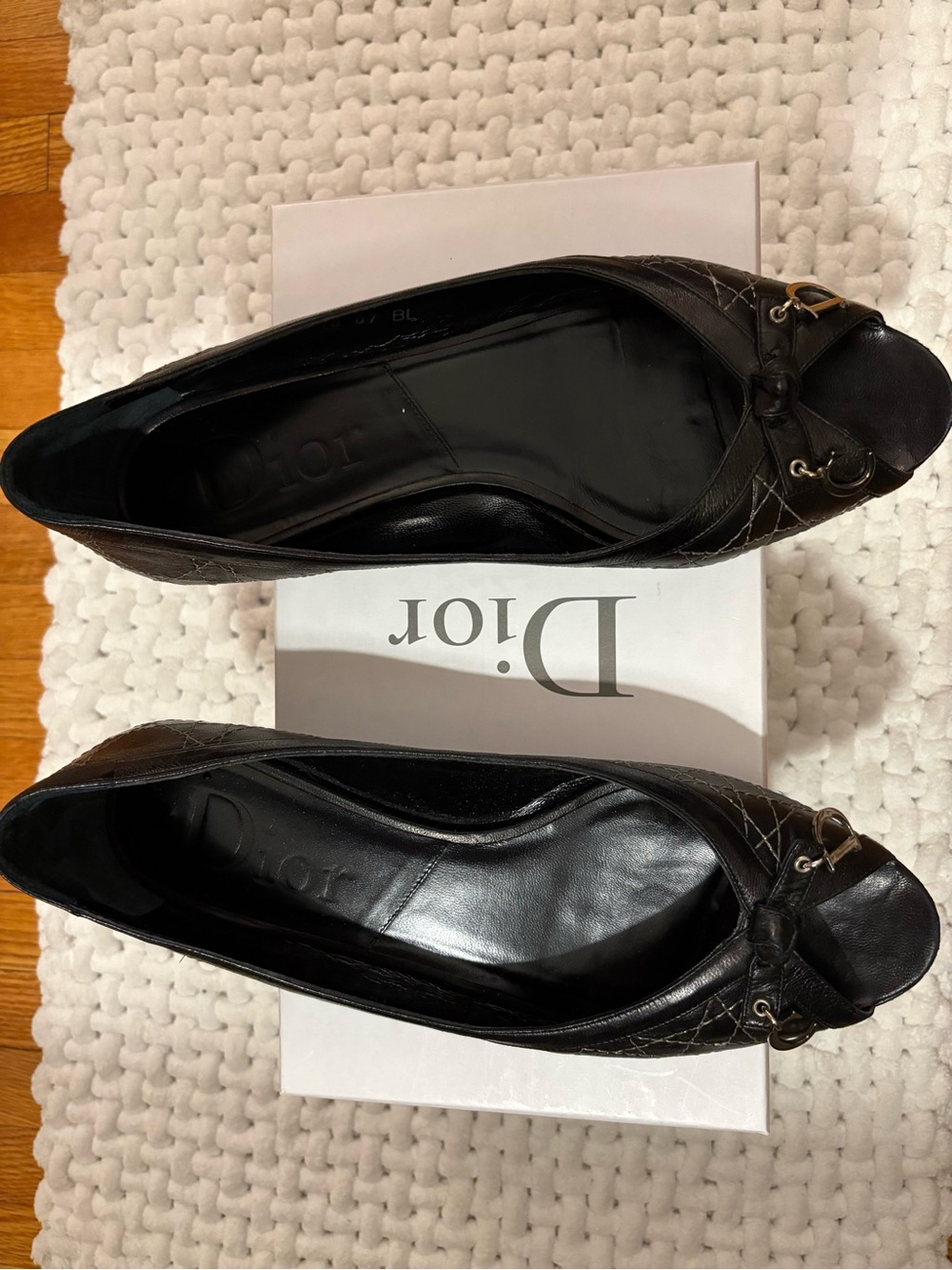 Dior Black Cannage Leather Quilted Peep Toe Flats with CD silver hardware